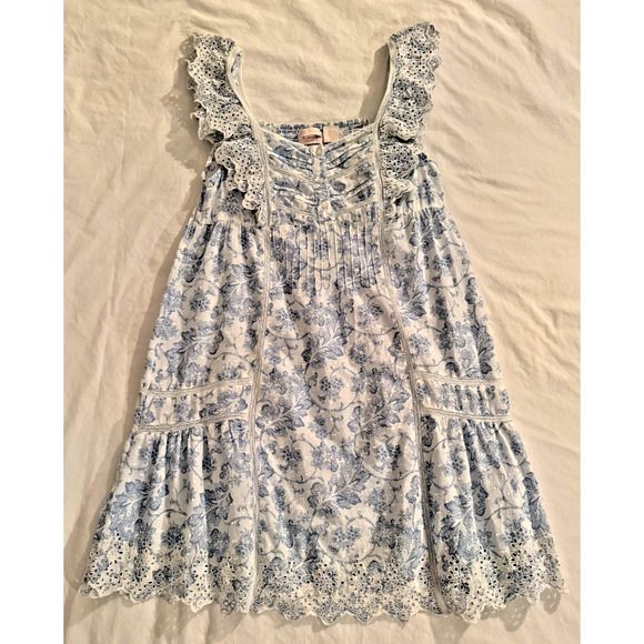 Rachel Ashwell Blue Toile Eyelet Cotton Nightgown Small Sleeveless Ruffle Trim - Picture 3 of 8
